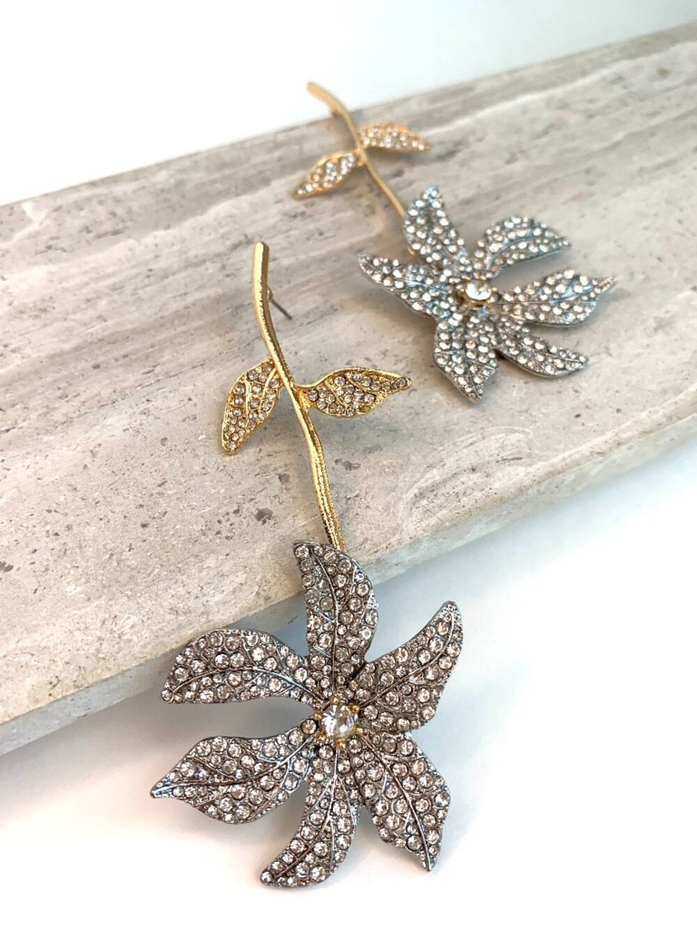 NEW ~ Anthropologie Two-tone Crystal Encrusted Silver Flower Gold Stem Earrings